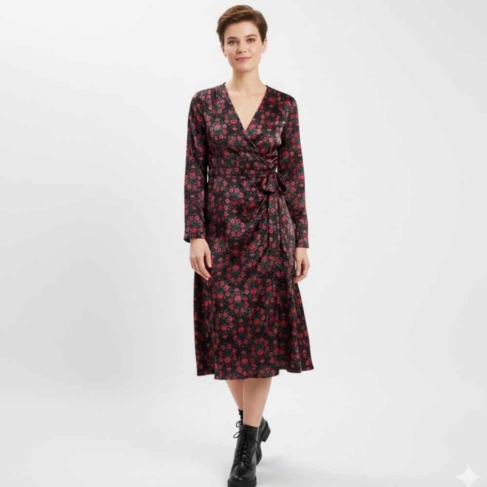 ON 34TH‎ Floral Faux Wrap Dress Long Sleeve Satin Multicolor Floral Print XS